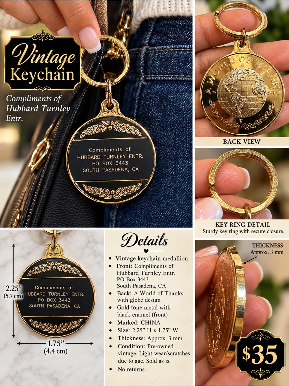 Vintage Gold-Tone Black Enamel Keychain Medallion -